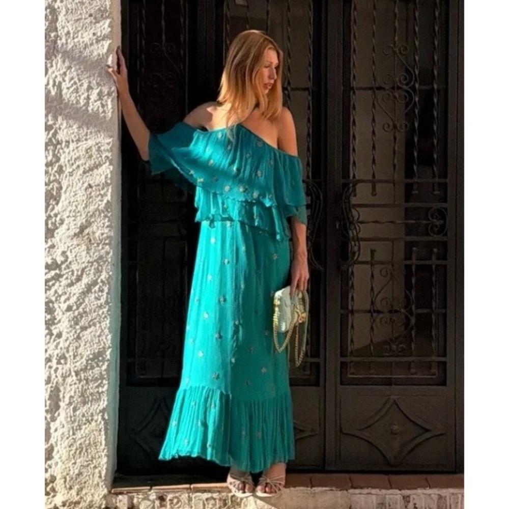 Free People Mila Cold Shoulder Star Moon Embroidered Maxi Dress in Teal sz 8
